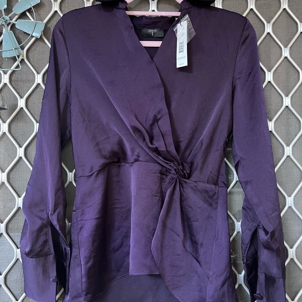 Tahari Purple Wrap Tie Front Blouse